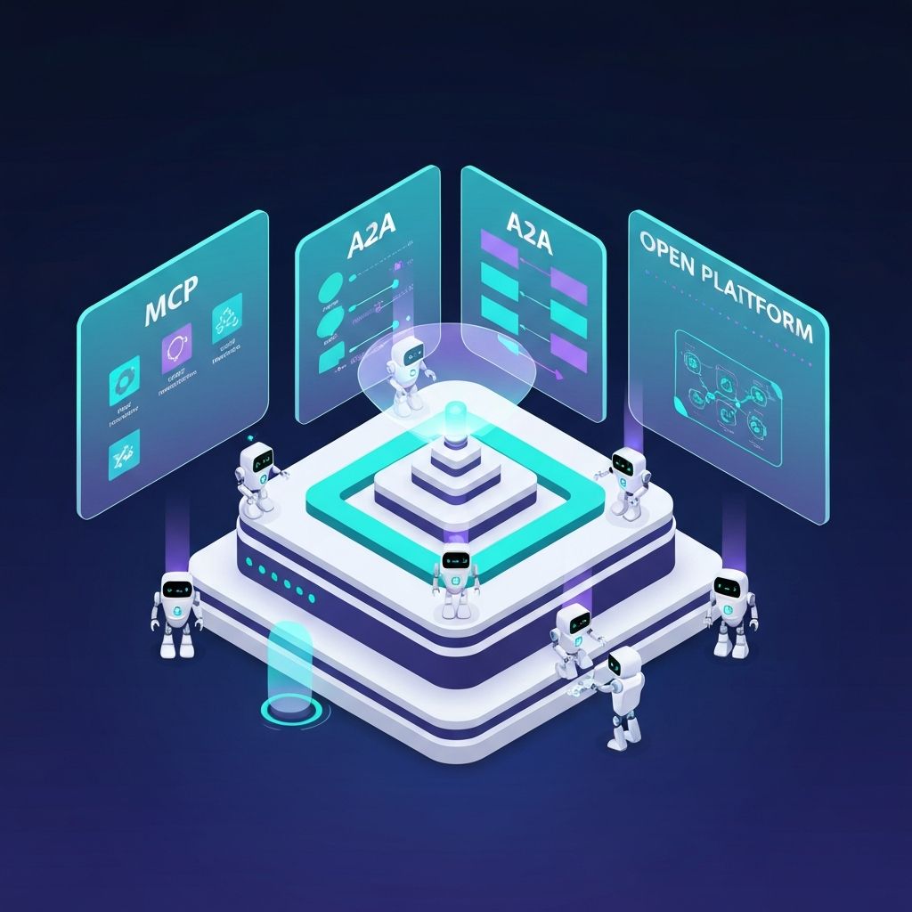 Ilustracion conceptual de plataforma multiagente con MCP, A2A y Open Platform