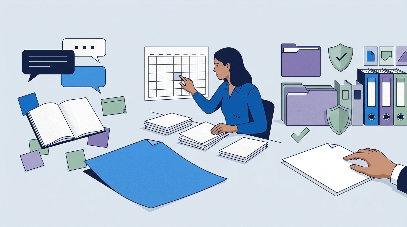 Ilustración editorial de una misma necesidad pasando por exploración de ideas, productividad personal y trabajo empresarial gobernado