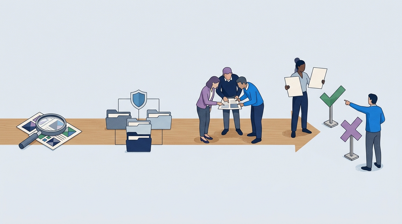 Ilustración editorial de un piloto de trabajo con descubrimiento, configuración, validación y decisión humana